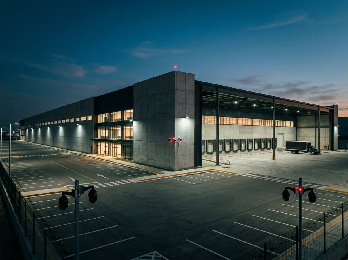 Centro de distribución industrial con perímetro CCTV nocturno