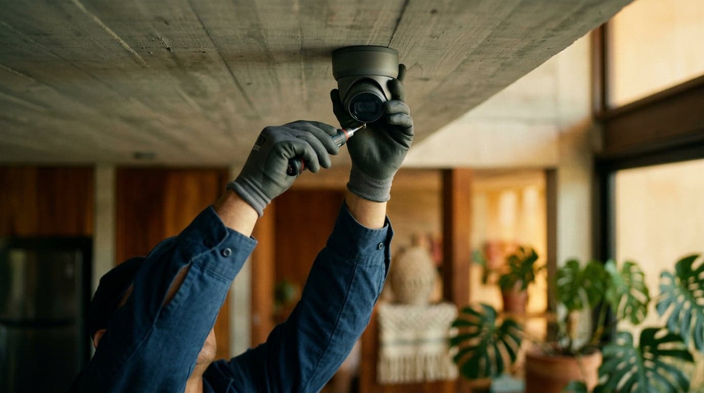 Técnico Arqos certificado instalando cámara de seguridad CCTV profesional en exterior de residencia en CDMX