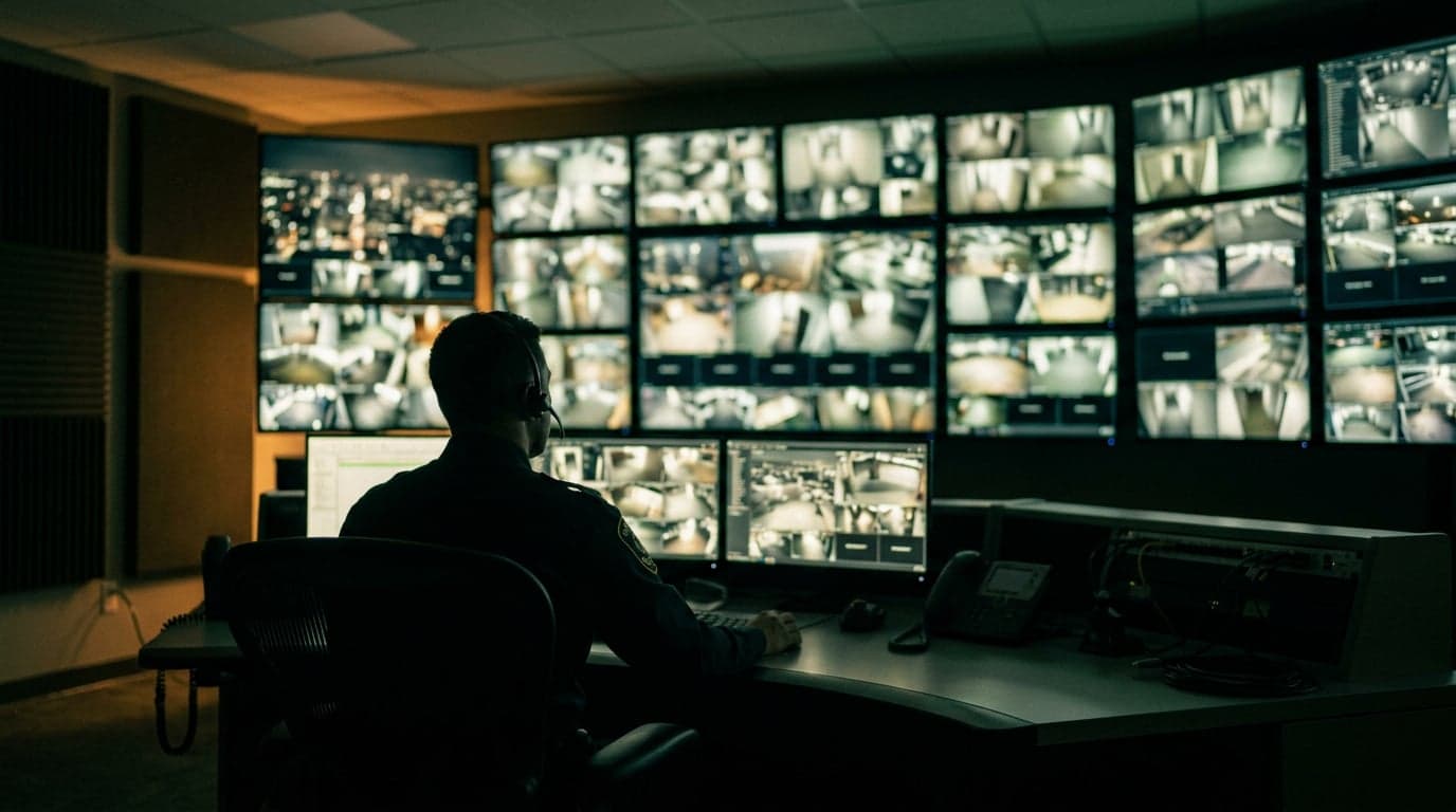 Central de monitoreo Arqos con ingenieros vigilando múltiples pantallas de cámaras CCTV en tiempo real las 24 horas