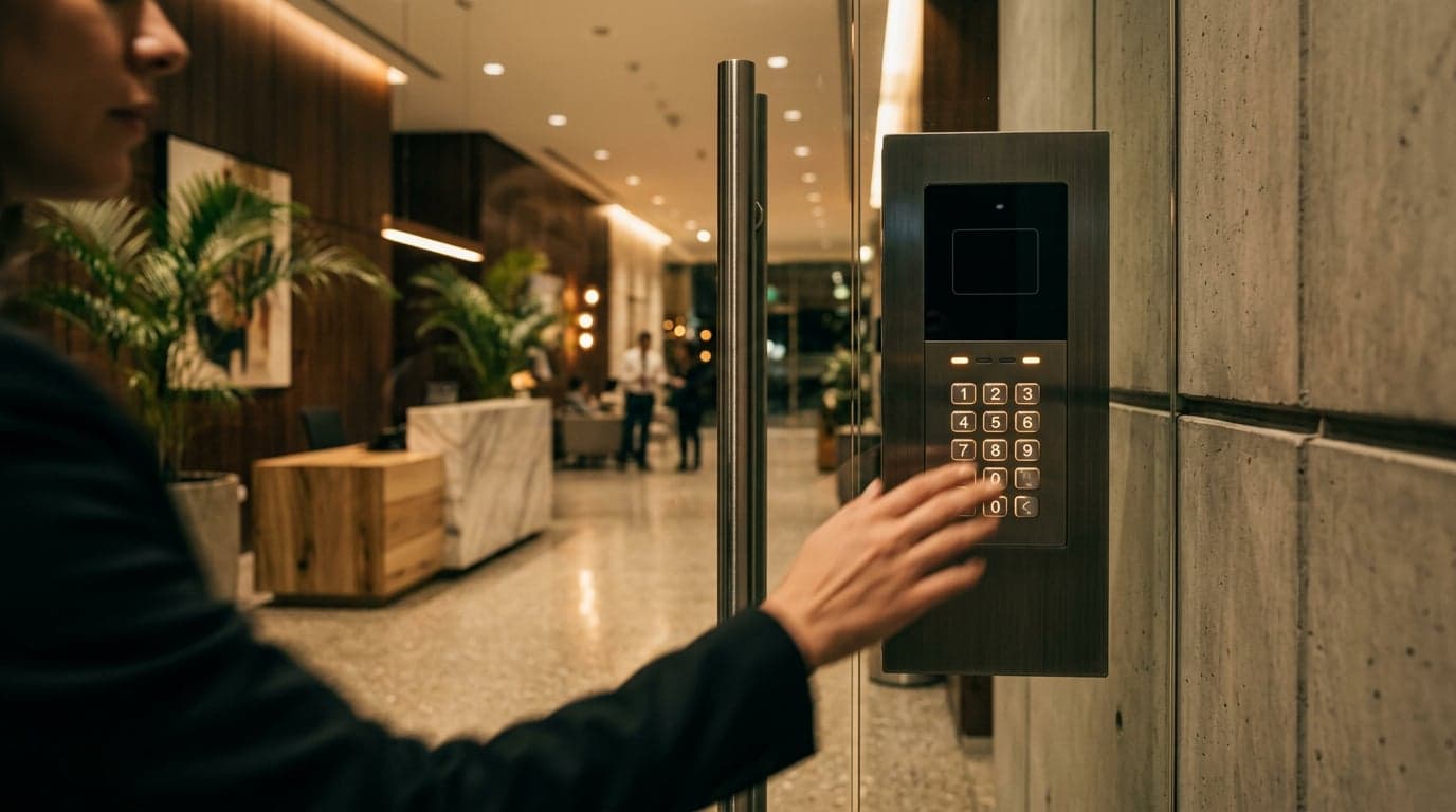 Lector biométrico de huella dactilar y reconocimiento facial Arqos integrado a puerta de oficina corporativa con cámara CCTV sincronizada