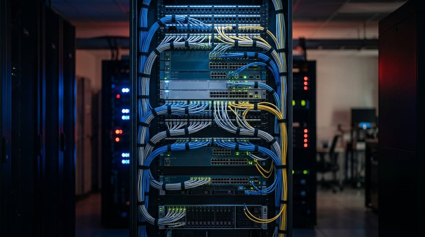 Detalle profesional de cableado estructurado Arqos con cat6 etiquetado y patch panel organizado en rack de comunicaciones
