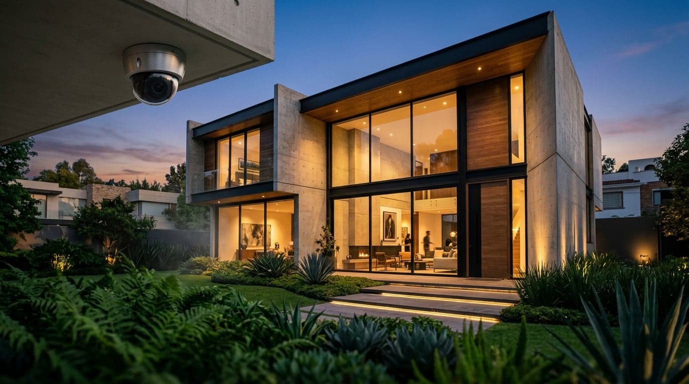 Residencia premium en CDMX con sistema CCTV integrado al atardecer