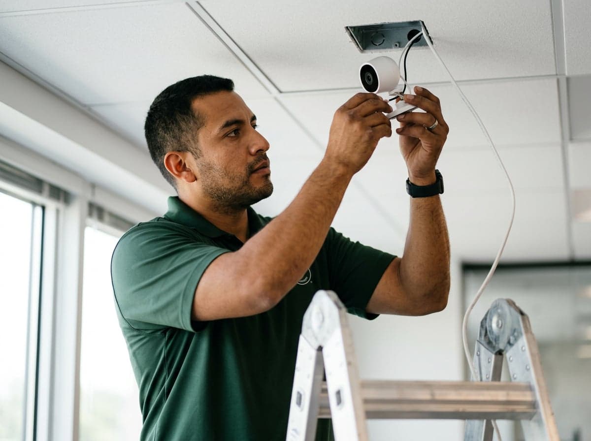 Técnico Arqos en polo verde instalando cámara de seguridad en residencia