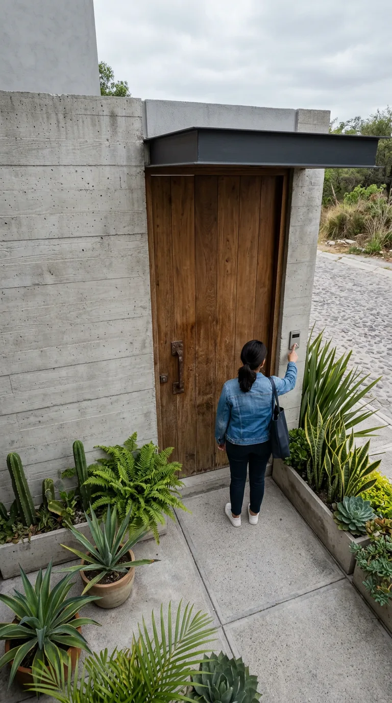 Vista desde la cámara: una mujer toca el timbre de una puerta de madera