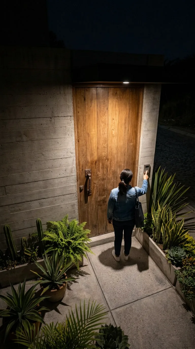 La misma entrada de noche, iluminada por las luces de la cámara